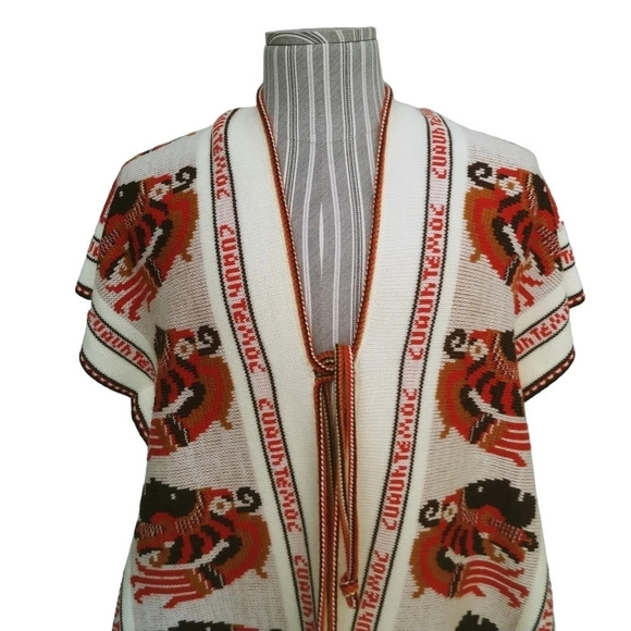 Vintage Intarsia Knit Cuauhtemoc Aztec  Fringed Poncho Beige/Orange/Brown - Picture 3 of 9